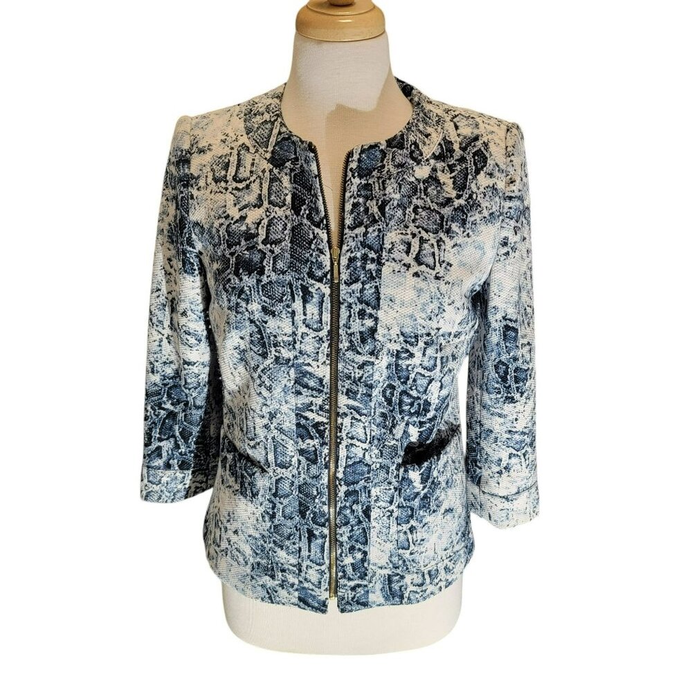 Cortefiel Women VTG Jacket, Women 6, Blue & White Snakeskin, Zip Up,  EUC